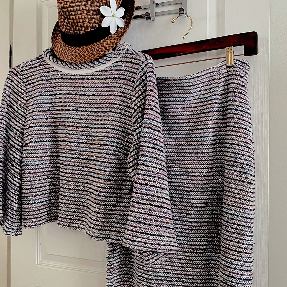 Luxury Eva Mendes Fashion Skirt Suit *Striped Tweed-like Wool Top & Skirt ~Ny&Co